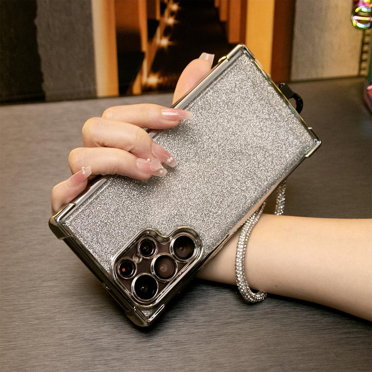 Luxury Glitter Plating Shockproof Clear Case With Rhinestone Wristband for Samsung Galaxy S24 S23 S22 S21 FE Plus Ultra Transparent Hard Acrylic Hybrid Bumper Armor Cover