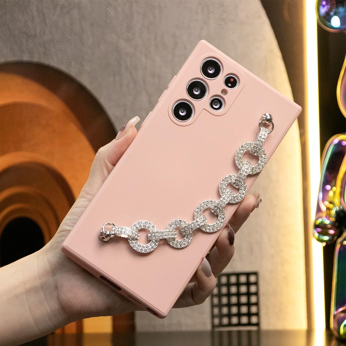 Coque de téléphone en silicone mat avec chaîne en diamant pour Samsung S24 S23 S22 S21 Ultra Plus S24Plus S24Ultra Camera Protect Soft Cover S23 FE