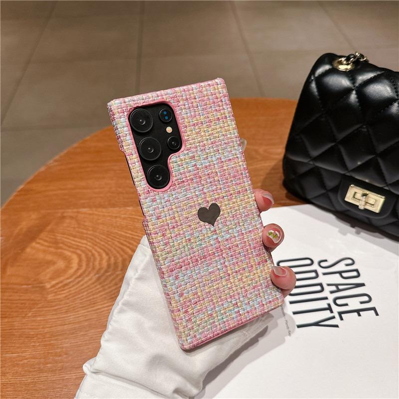 For Samsung S25Ultra S24 S23 S22 Phone Case, Simple Love Heart Gradient Woven Pattern Fabrics Shockproof Hard Full Cover