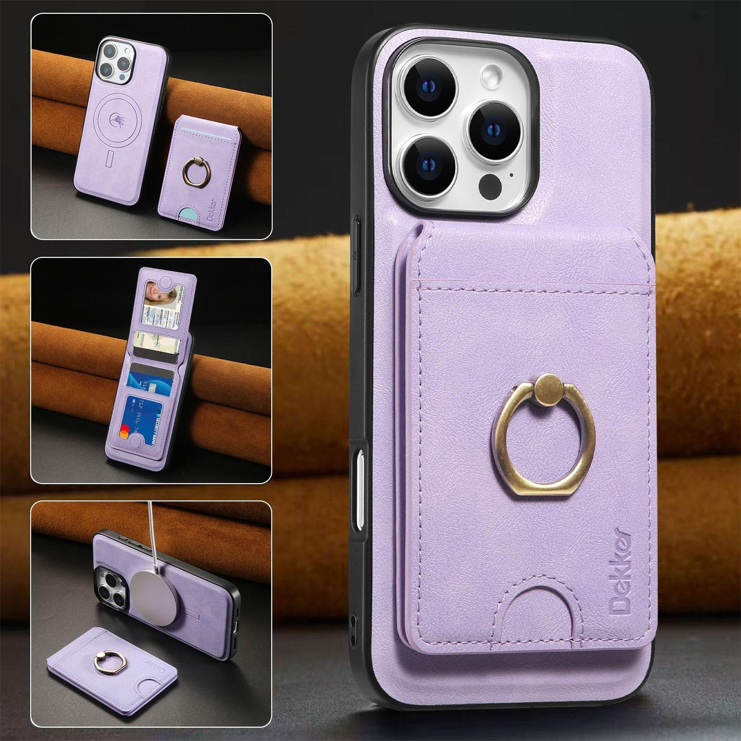 For iPhone 16ProMax 16 15 14 13 12 Leather Phone Case with Strong Magnetic Wallet Ring Stand, Anti-Fall Card Bag Kickstand for Magsafe Shockproof Business Hard Full Cover