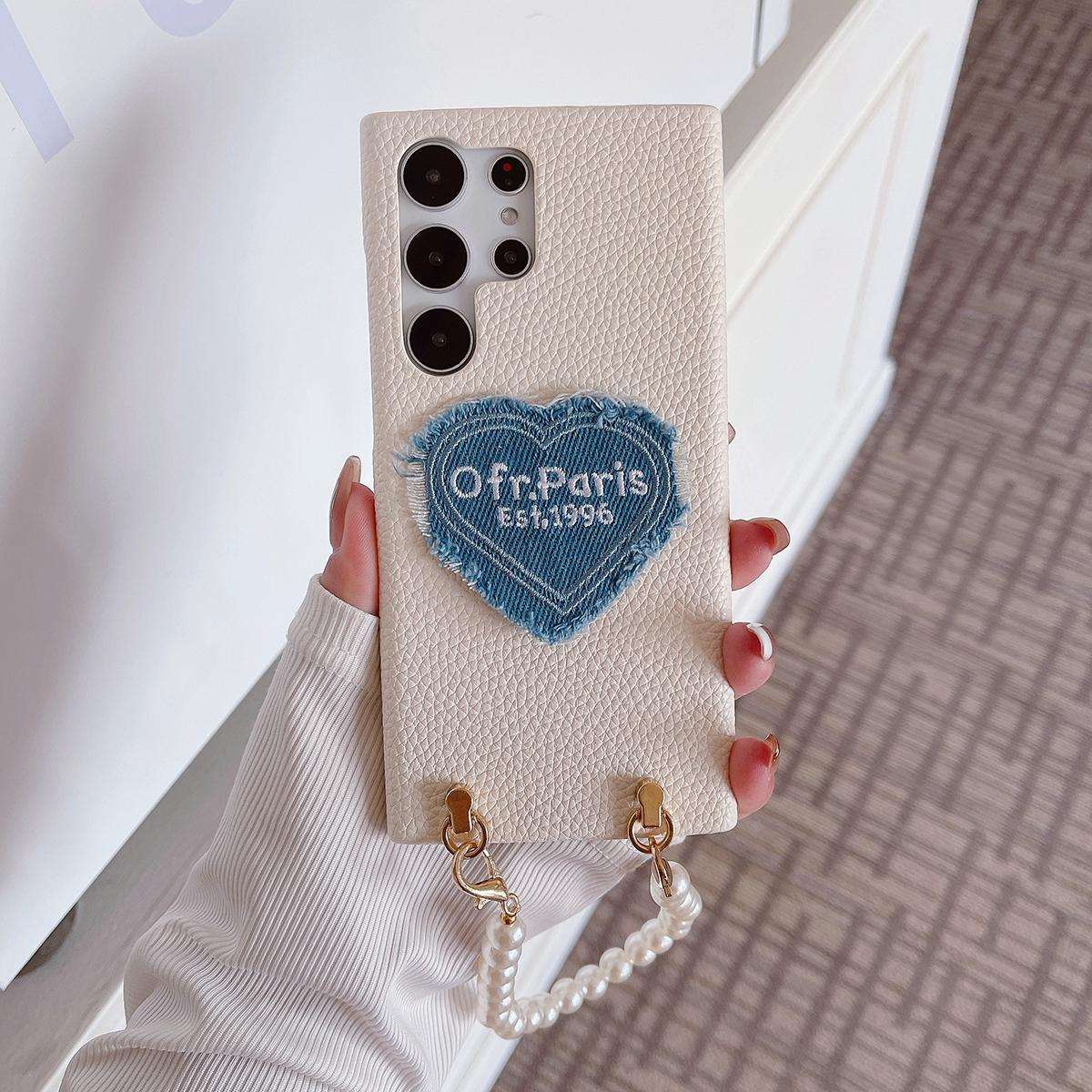 Luxury Leather Love Heart Wrist Strap Pearl Case For Samsung S24 S23 Ultra S23FE S22 Plus A54 A34 A24 A14 A53 A33 A13 A25 A22 Jewel Cover