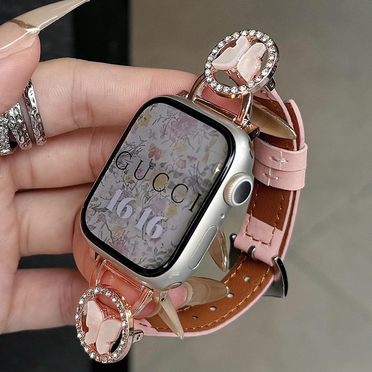 Bling Butterfly Stitching Leather Metal Strap for Apple Watch 44mm Band 45 42 38 41 Ultra 49mm Link Bracelet for IWatch Series 9 8 7 6 SE 5 4