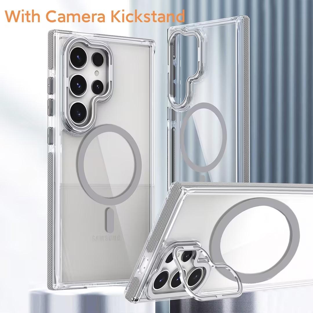 For Samsung S24 S23 S22 S21 FE Plus Ultra Case, Metal Hardware Camera Lens Stand Acrylic Cover, Clear No Yellow, With Shockproof  Anti-Fall Bumper