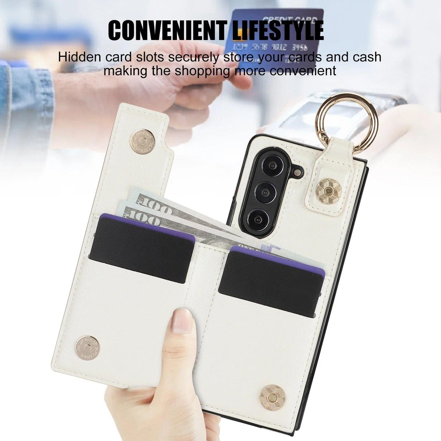 Folding Card Bag Finger Ring Leather Stand Case for Samsung Galaxy Z Fold 3 4 5 6 5G ZFold6 Zipper Wallet  Business ZFold5 Cover