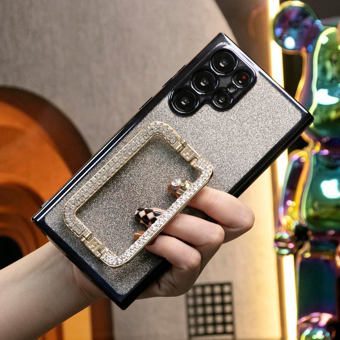Luxury Diamond 3D Crystal Square Holder Glitter Clear Gradient TPU Plating Shockproof Soft Phone Case For Samsung S24Ultra S24FE S24 S23 S22 S21 FE Plus Ultra