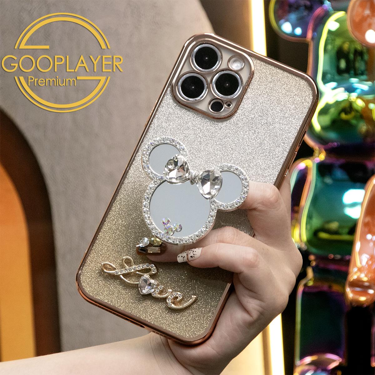 Für iPhone 16 15 14 13 Pro Max Handyhülle, Klarer Farbverlauf Glitzer Mauskopf Spiegel Ständer TPU Luxus Beschichtung Schlank Weiche Vollständige Abdeckung