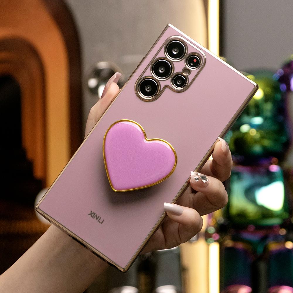 Plating Love Heart Pop Stand Phone Case for Samsung S25 S25Plus 25Ultra 24 24FE 24Plus 24Ultra