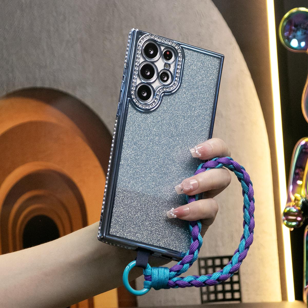 For Samsung S24 S23 S22 Plus Ultra Case , Clear Rhinestone Glitter Luxury Elegant Plating Case With Woven Wristband Camera Protection Shockproof Soft Cover
