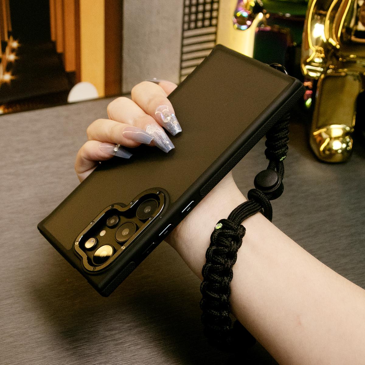 For Samsung S25Ultra S24 S23FE A15 A14 A25 A34 A35 A54 A55 Phone Case, Metal Camera Protection, With Adjustable Woven Wristband, Elegant Matte Metal Camera Frame Shockproof Bumper Hard Full Cover