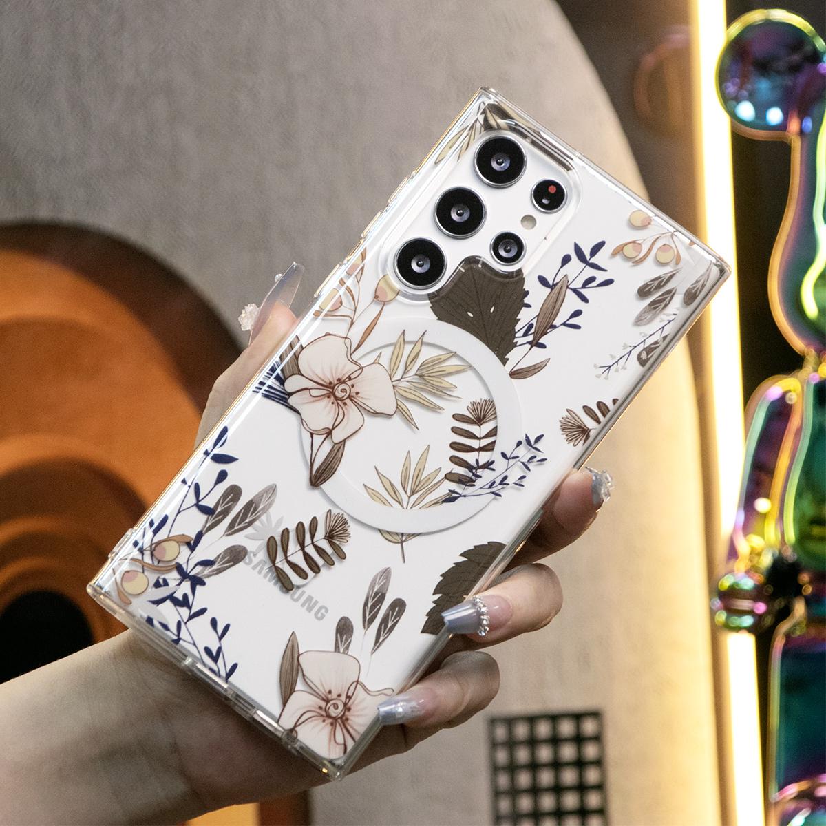 For Samsung S24 S23 S22 S21 Note20 Ultra Case, Clear Flower Magnetic, Glitter Luxury Elegant Case Camera Protection Shockproof Hard Cover