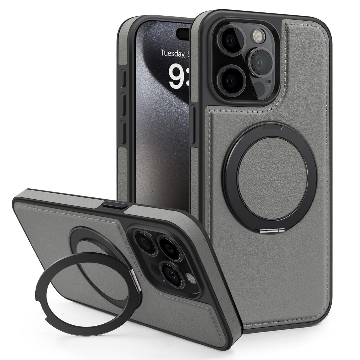For iPhone 16 15 14 13 Pro Max Phone Case, Luxury Full Leather Case For Magsafe Support Wireless Charging Rotate Metal Magnetic Kickstand Back Hard Full Cover