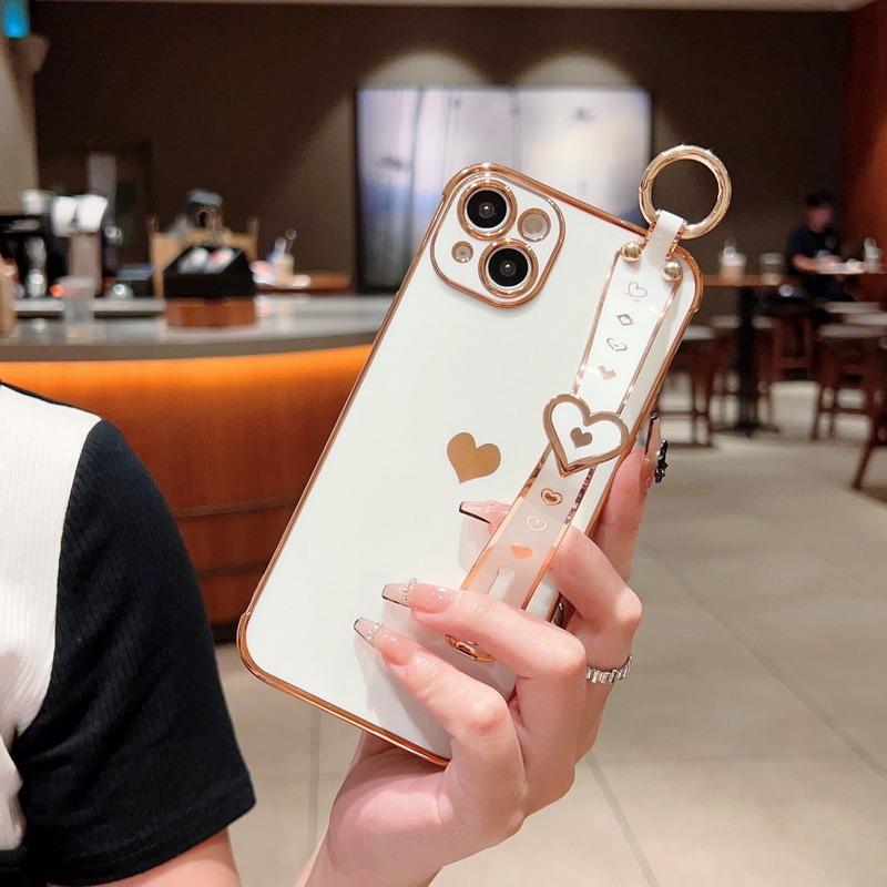 Plating Love Heart TPU Phone Case with Wristband For iPhone 16ProMax 15 14 13 12 Shockproof Soft Full Cover
