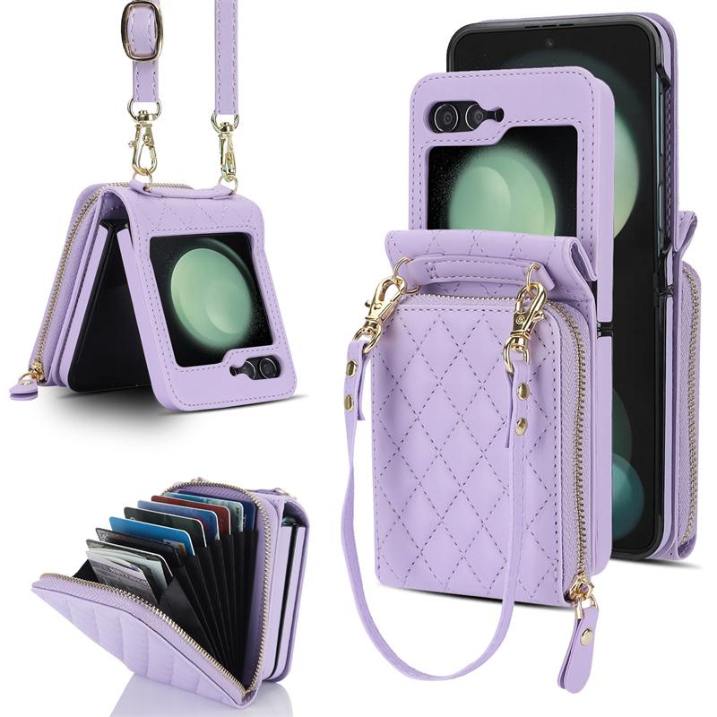 Crossbody Wrist Strap Phone Case for Samsung Galaxy Z Flip 6 5 4 Flip6 Flip5 Flip4 Flip3 Leather Wallet  with Card Holder Cover
