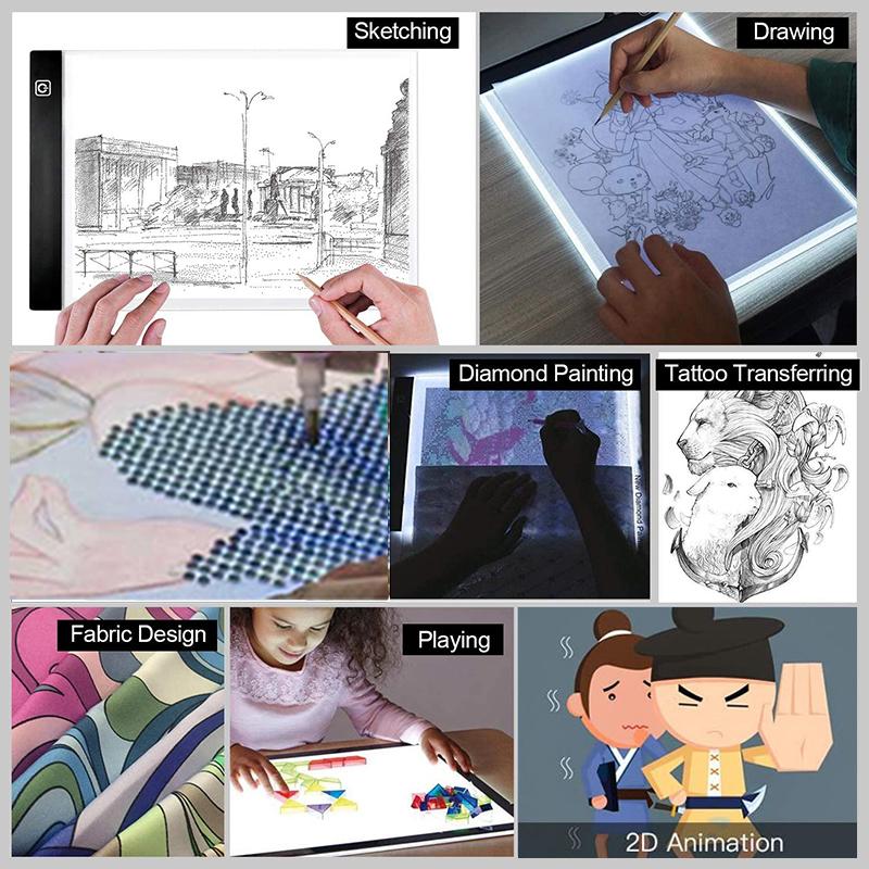 A3/A4/A5 Three Level Dimmable Led Light Pad Copy Drawing Board Pad Tablet Tracing Light Box Eye Protection Easier for Diamond Painting Children's Tools Kids Educational Electronics Writing Learning Pad