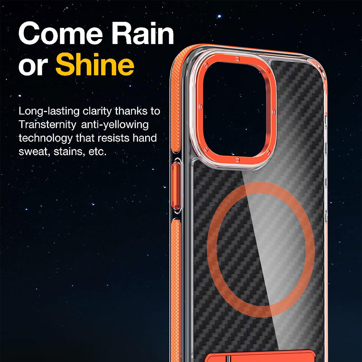 For iPhone 16 15 14 Pro Max Phone Case, Premium Strong Magnetic Carbon Fiber Metal Bracket Acrylic Clear Shockproof Anti-Fall Bumper for Magsafe Non-Yellowing Hard Full