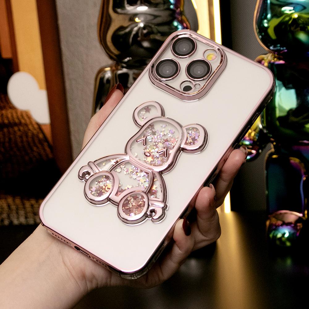 Cartoon Glitter Quicksand Bear Phone Case for iPhone 16 15 14 13 12 Pro Max