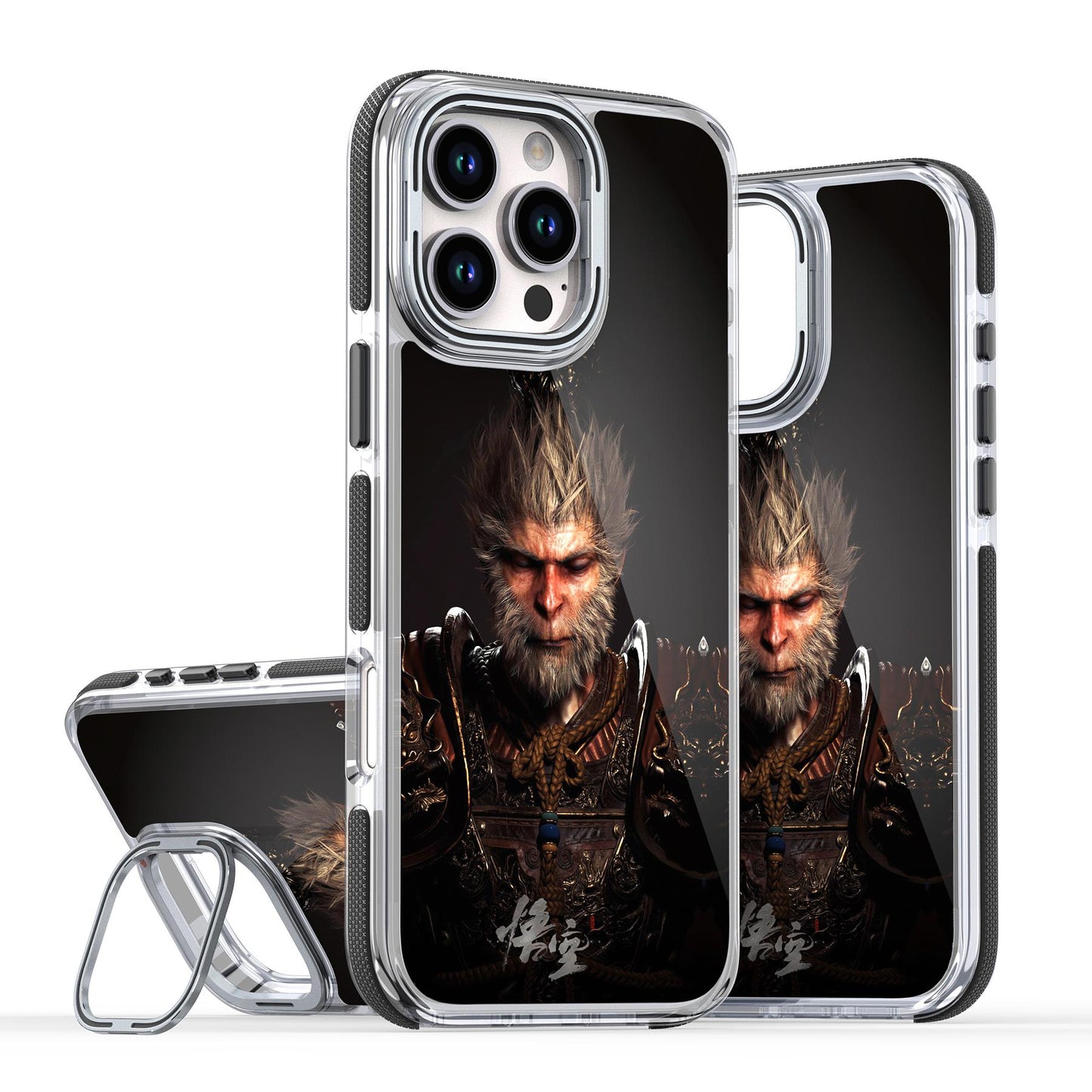 Black Myth Wukong Phone Case For iPhone 16 15 14 13 12 11 Plus Pro Max, Metal Hardware Camera Lens Stand Acrylic Cover, Clear No Yellow, With Shockproof  Anti-Fall Bumper