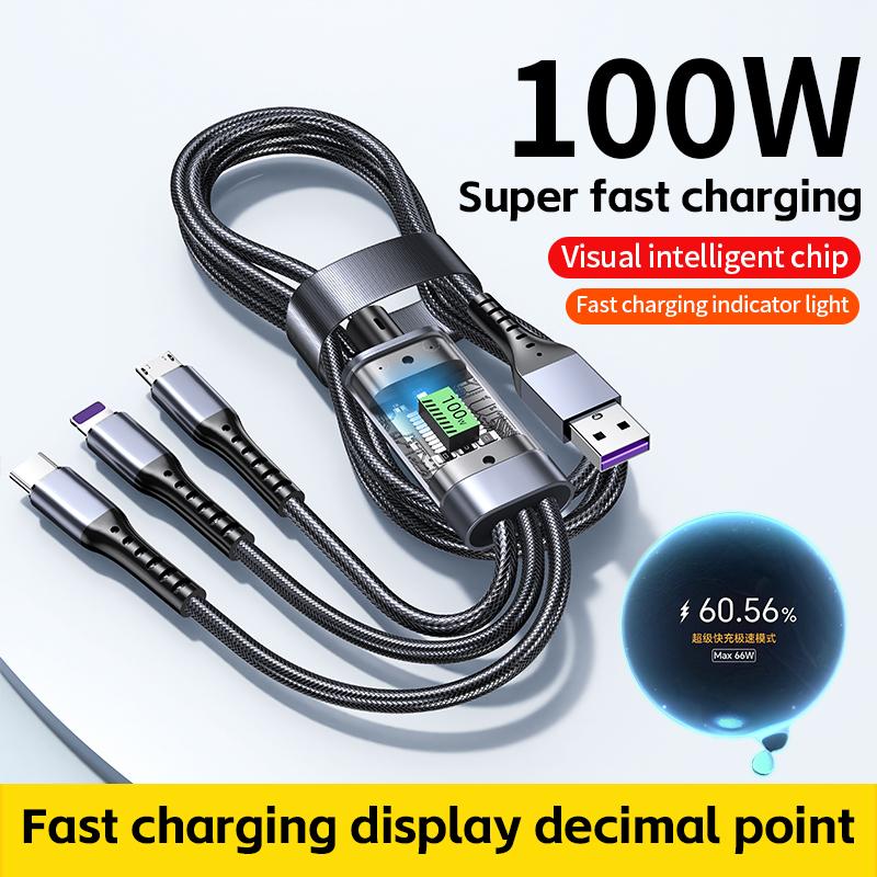 New 3 In 1 100w Transparent Fast Charging Cable Type C Usb Micro For Iphone Samsung Huawei Xiaomi Pilot Lamp Charger Usb C 6A
