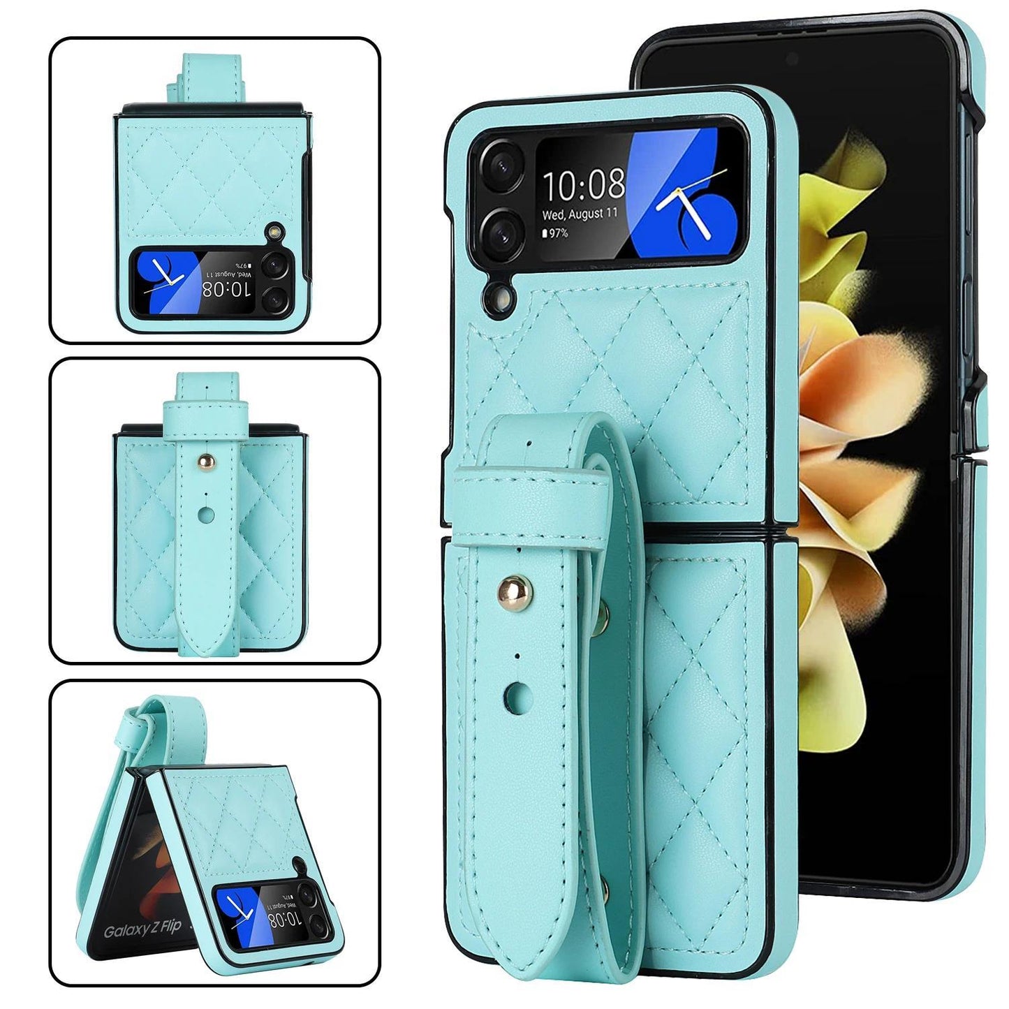Leather Wristband Phone Case for Samsung Galaxy Z Flip 6 5 4 5G Flip5 Zflip4 Wrist Strap Thin Skin Feeling Shockproof Stand Cover