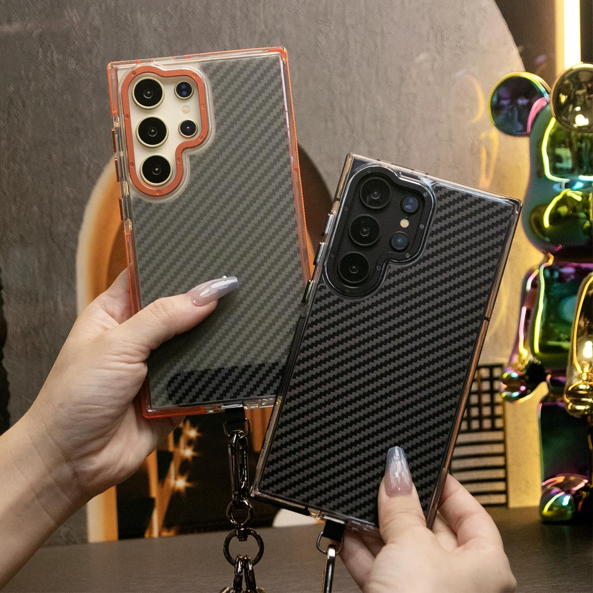 Carbon Fiber Pattern Phone Case, Metal Camera Cover, With Multifunctional Climbing Rope, With Shockproof Anti-Fall Bumper For Samsung S24 S23 S21FE A14 A15 A24 A25 A35 A54 A55 A05