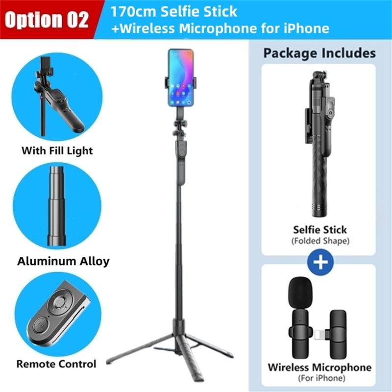Perche à selfie sans fil 1750 mm, trépied pliable, monopode avec lumière LED pour smartphones, prise de vue stable et équilibrée en direct