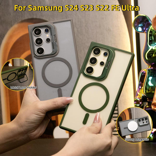 Clear Magnetic Metal Lens Holder Using Acrylic Material Phone Case For Samsung S24 S23 S22 FE Plus Ultra  Not Yellowing Cover Case
