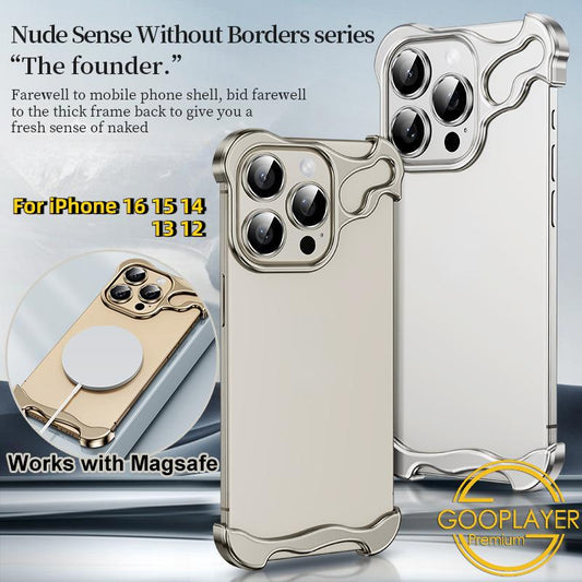 For iPhone 16 15 14 13 12 Pro Max Phone Case, Special-Shaped Premium Titanium Grey Aluminum Metal Frame Corner Anti-Fall Shockproof Borderless Slim Bumper Built-in Camera Protector Hard Cover