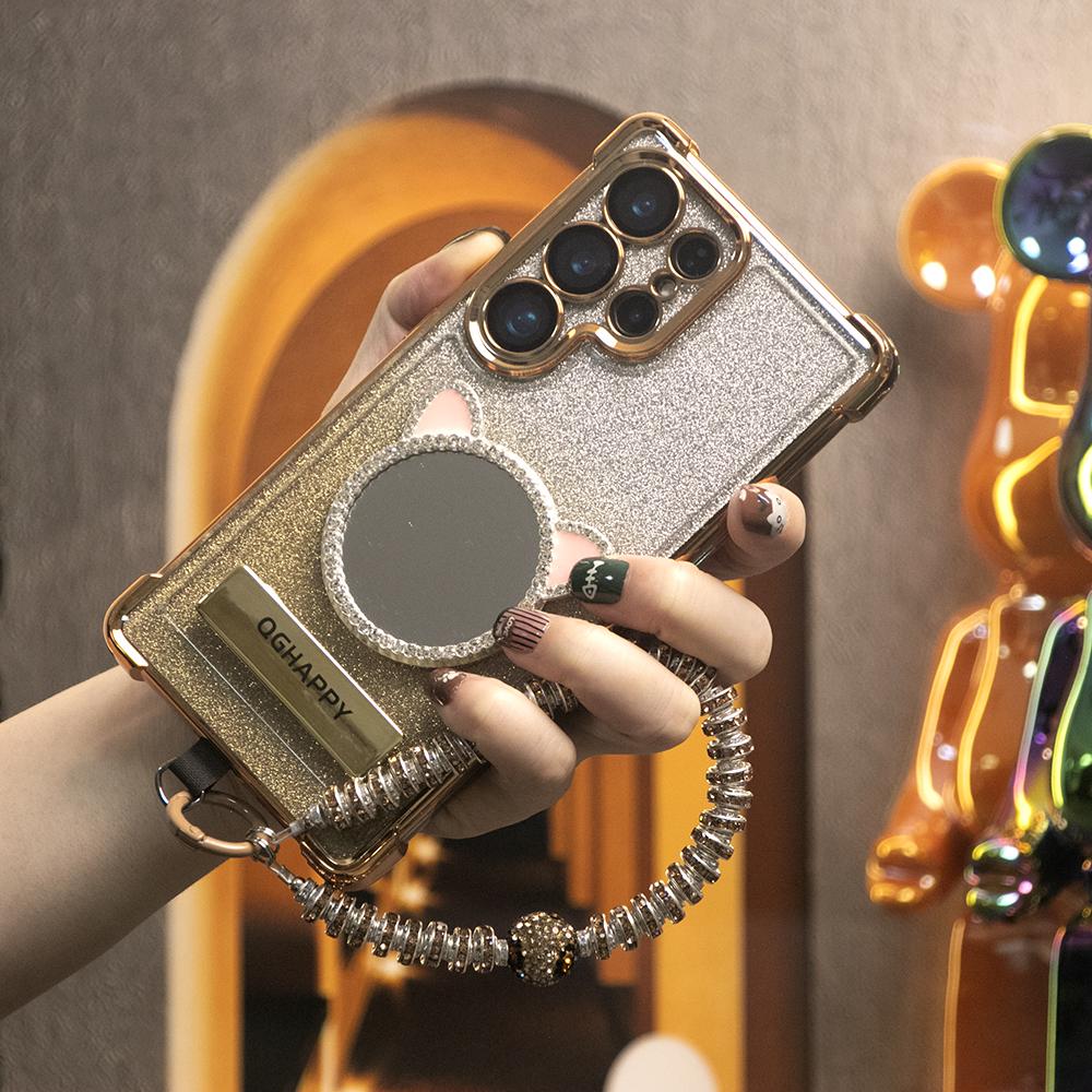Gradient Plating Four Corners Cat Mirror Thin Kickstand Case with Pearl Diamond Wristband for Samsung S25Ultra S25 S24 S23 S22 S21 Note20 A53 A54 A55 Hard Acrylic Bumper Full Cover
