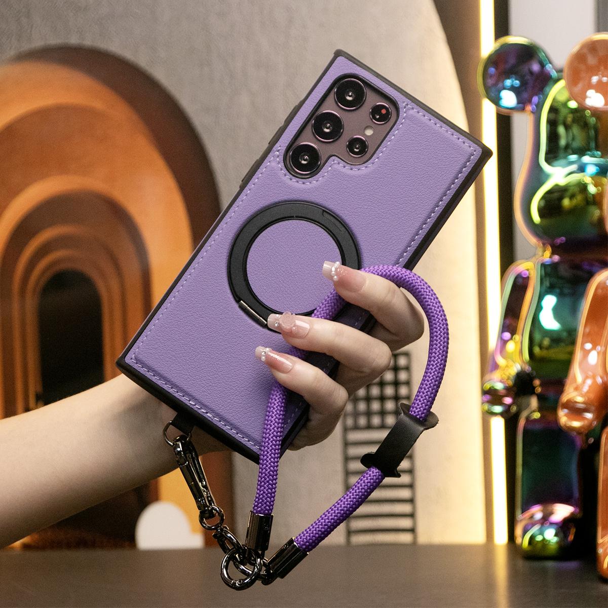 Luxury Full Leather Phone Case WIth Multifunctional Climbing Rope For Magsafe For iPhone 16 15 14 13 12 11 Magnetic Rotate Metal Holder Kickstand Hard Back Cover