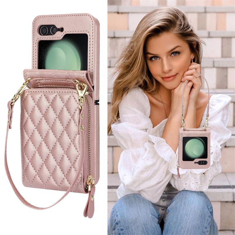 Crossbody Wrist Strap Phone Case for Samsung Galaxy Z Flip 6 5 4 Flip6 Flip5 Flip4 Flip3 Leather Wallet  with Card Holder Cover