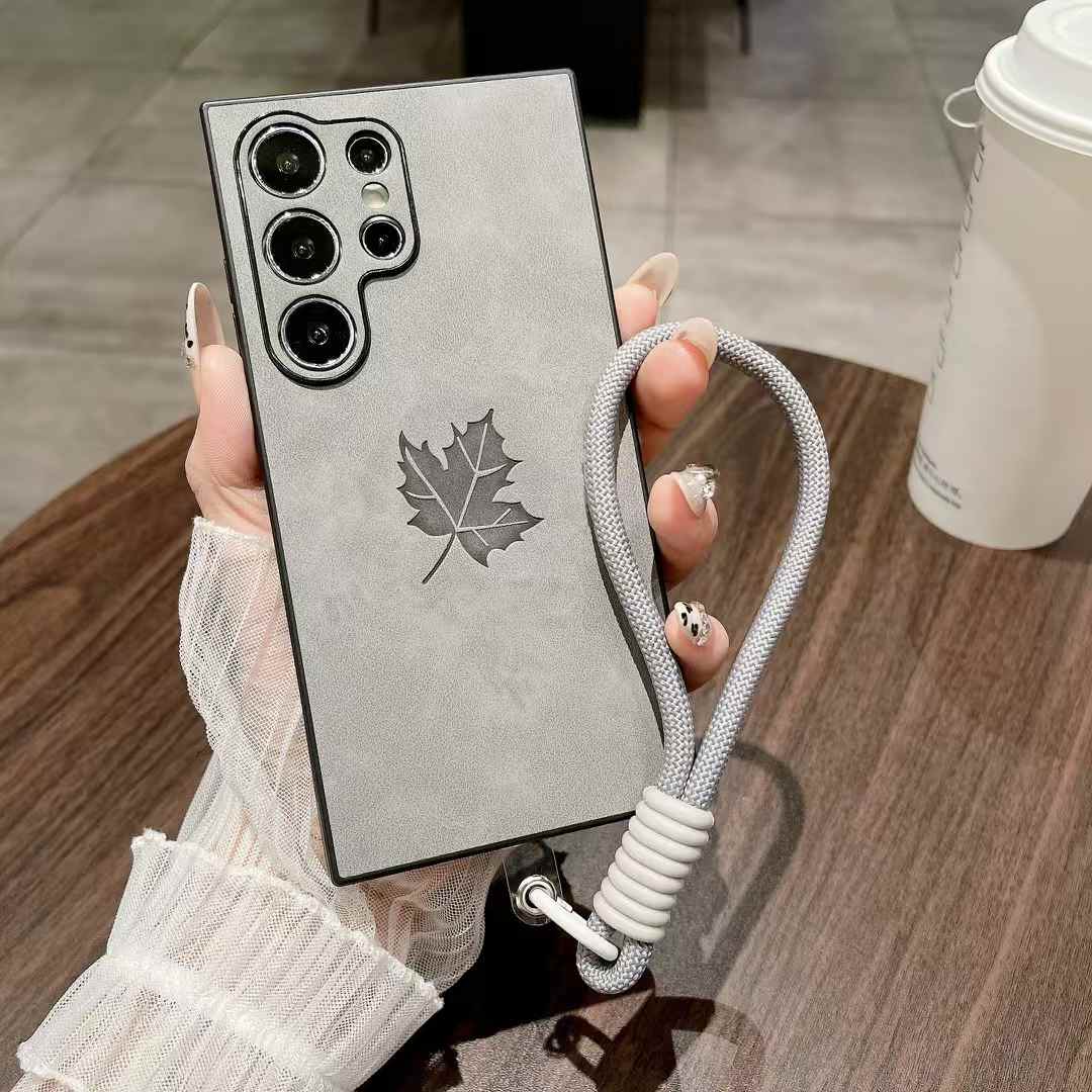 For Samsung S25Ultra S25Edge S24 S23 S22 S21 Note20 A16 A26 A36 A55 A56 Case With Weave Wristband, Maple Leaf Pattern Matte Suede Leather Shockproof Hard Phone Case