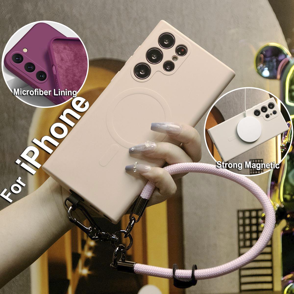 Strong Magnetic Slim Silicone Phone Case With Multifunctional Climbing Rope For iPhone 16 15 14 13 12 11 XR XSMax X/XS, Soft Liquid Silicone Shockproof Full Cover With Microfiber Lining