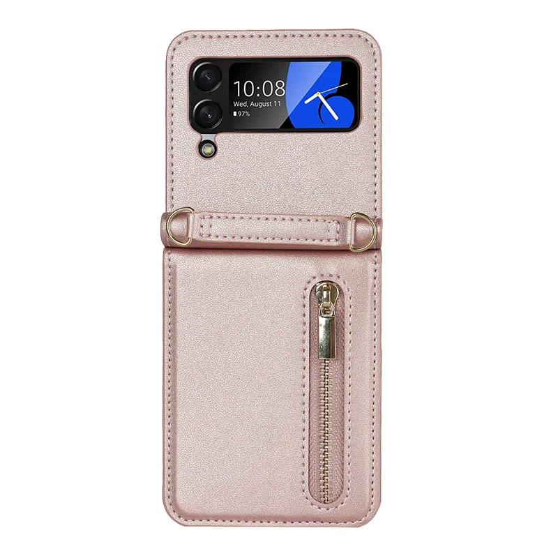 for Samsung Galaxy Z Flip 6 4 5 Z Flip 3 Case Luxury Card Slot Phone Holder Zipper Wallet Crossbody Cover Folding Case Coque