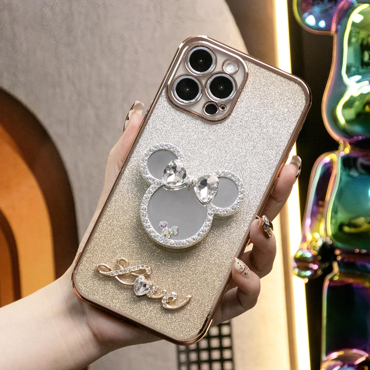 Glitter Transparent Gradient Mouse Head Mirror Stand Plating Phone Case For iPhone 16ProMax 16 15 14 13 12 Pro Max Clear Soft TPU Back Cover