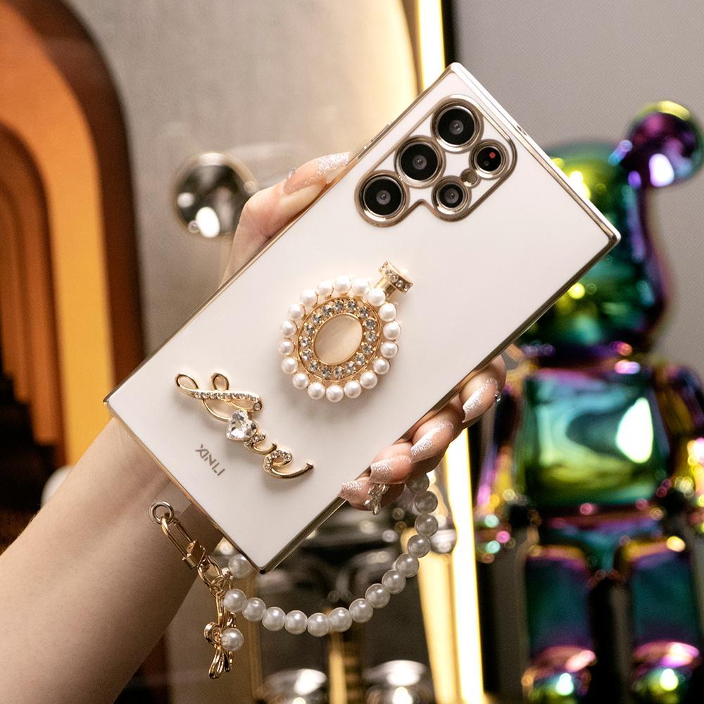 Pearl Perfume Bottle with Chain Plating Soft Phone Case for Samsung A13 A14 A15 A23 A24 A25 A33 A34 A35 A52 A53 A54 A55 A72 A73