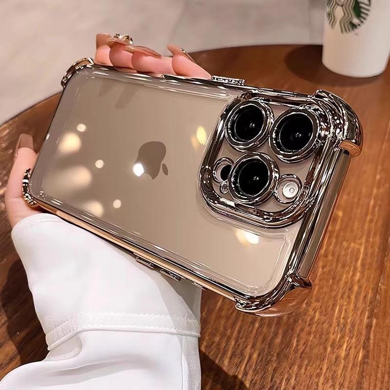 For iPhone 16 15 14 13 Phone Case, Luxury Four Corner Plating Clear High Definition Acrylic Built-in Camera Protector Shockproof Hard Full Cover