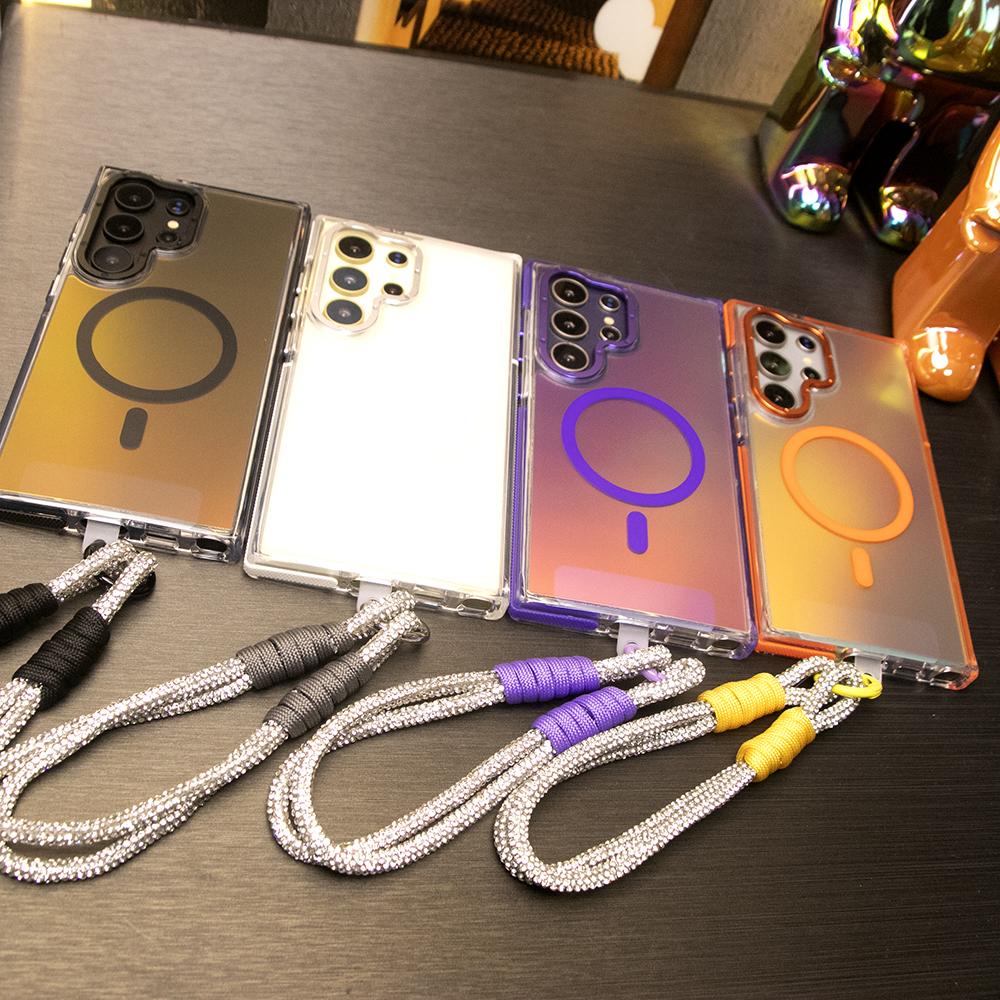 Laser Gradient Chameleon Strong Magnetic Case For Samsung S25Ultra S25 S24 S23 S22 S21FE A06 A15 A16 A25 A35 A36 A53 A54 A55 With Diamond Wristband Metal Frame Acrylic Shockproof Cover