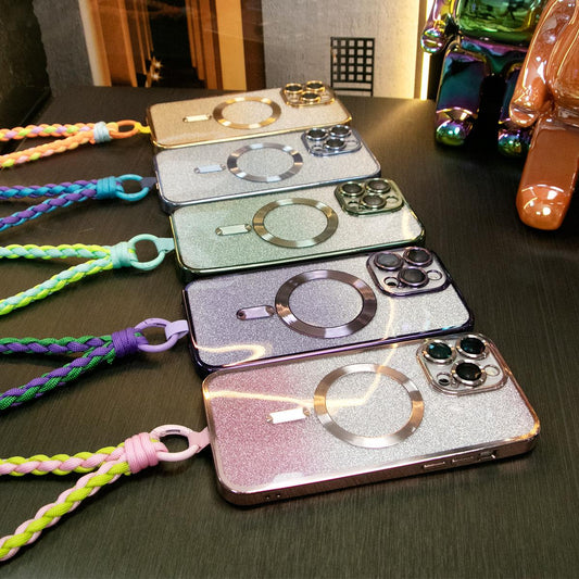 Glitter Gradient Magnetic Lens Film Protection Soft Wireless Charging Phone Case With Woven Wristband For iPhone 16 15 14 13 Plus Pro Max