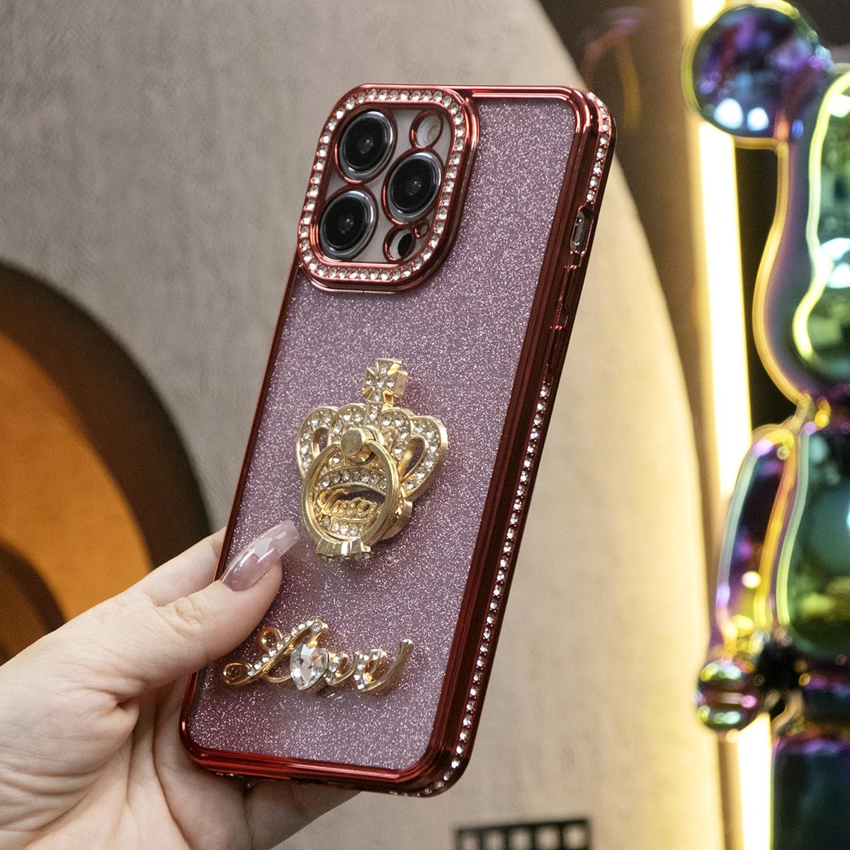 Plating Glitter Diamond Crown Ring Kickstand Phone Case For iPhone 16 15 14 13 12 11 Pro Max
