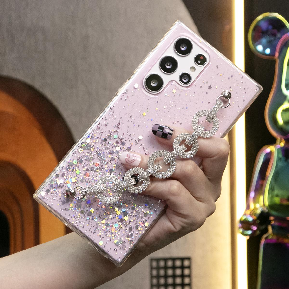 Glitter Star Sequin With Diamond Rhinestone Chain Phone Case For iPhone 16 15 14 13 12 11 XR XSMax X/XS Clear Soft TPU Back Cover