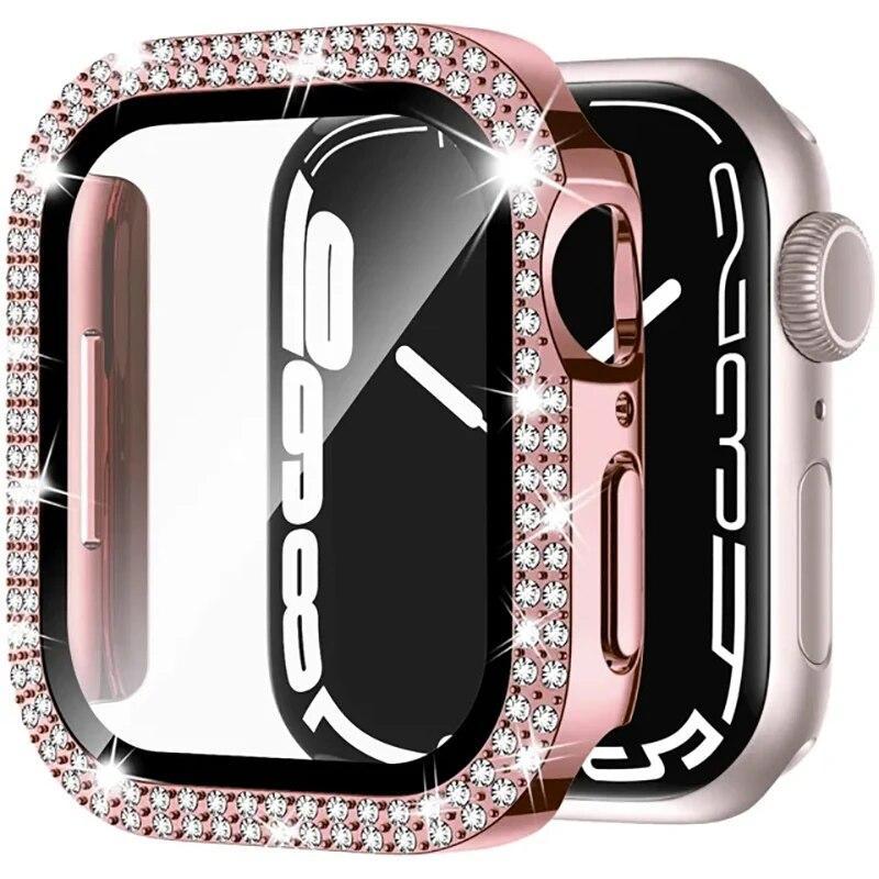 Coque en verre + diamant pour boîtier de montre Apple 40 mm 44 mm 41 mm 45 mm 38 mm 42 mm Bling Bumper Protector iWatch série 9 3 5 6 7 8 se