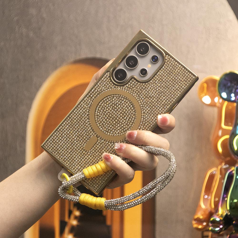 Colorful Glitter Rhinestone Plating Diamonds Strong Magnetic Wireless Charging Phone Case with Woven Diamond Wristband For Samsung S25Ultra S25 S24 S23 Shockproof Protection Hard Cover