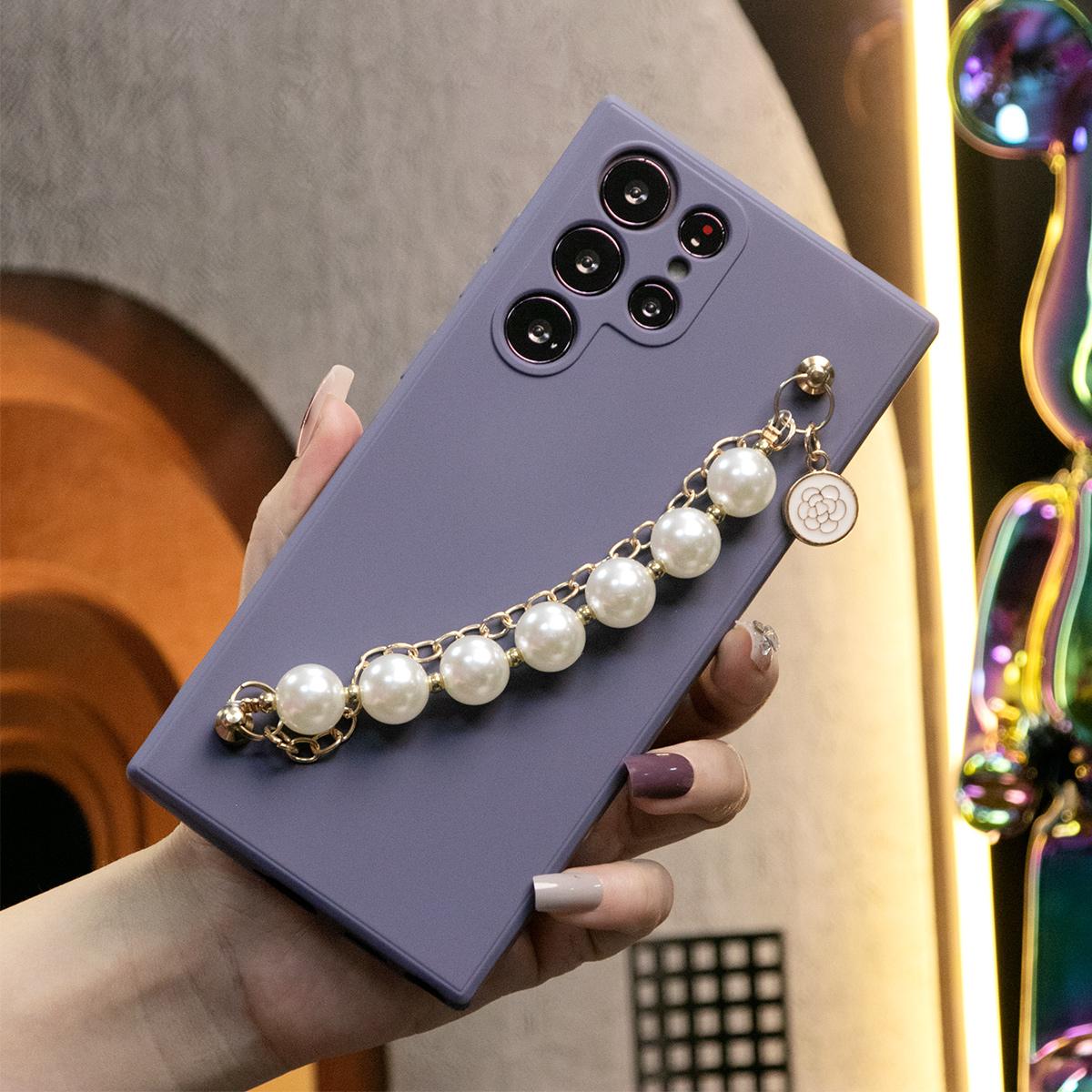 Silicone Matte Phone Case With Pearl Double Chain For Samsung S24 S23 S22 S21 Ultra Plus S24Plus S24Ultra Camera Protect Soft Cover S23 FE
