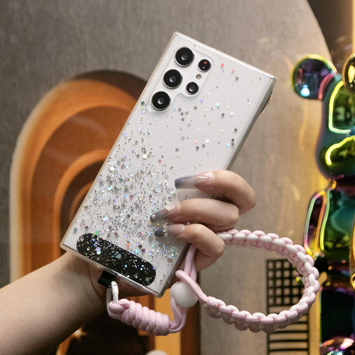 Glitter Star Sequin Basic Phone Case With Adjustable Wristband For Samsung Galaxy S24 S23 S22 S21 S20 FE Note 20 Ultra Clear Soft TPU Back Cover