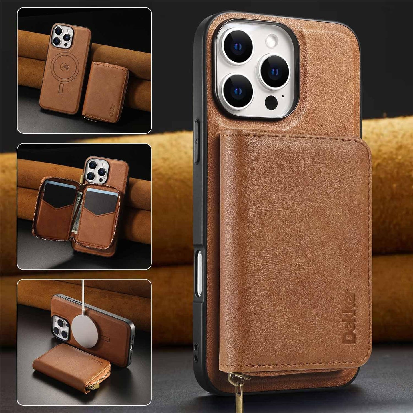 For iPhone 16ProMax 16 15 14 13 12 Leather Phone Case with Strong Magnetic Wallet, Anti-Fall Card Bag Kickstand for Magsafe Shockproof Business Hard Full Cover