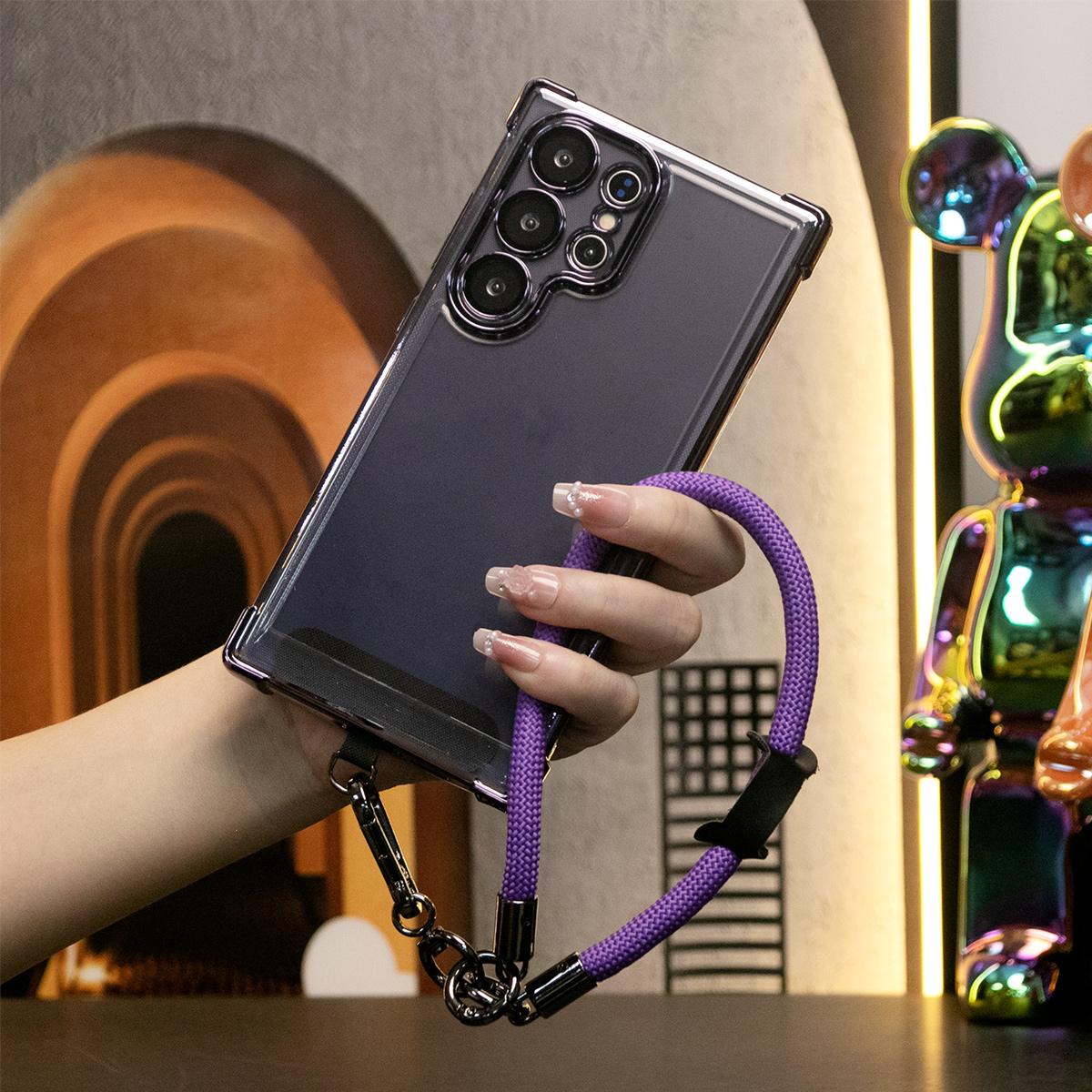 Electroplated Four Corners Anti-fall Transparent Hard PC Phone Case With Multifunctional Climbing Rope For Samsung S24FE S24Ultra S24 S23FE S23 S22Ultra, Full Cover with Camera Protector