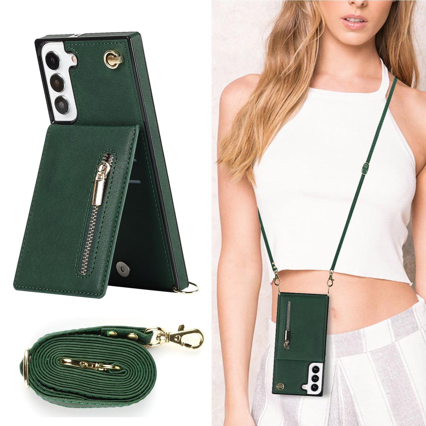 Crossbody Wallet Case Case For Samsung Galaxy S24 S23 S22 Plus Note 20 Ultra With Card Slot Holder, Magnetic Flip Folio Purse Case, PU Leather Zipper Handbag With Detachable Lanyard Strap