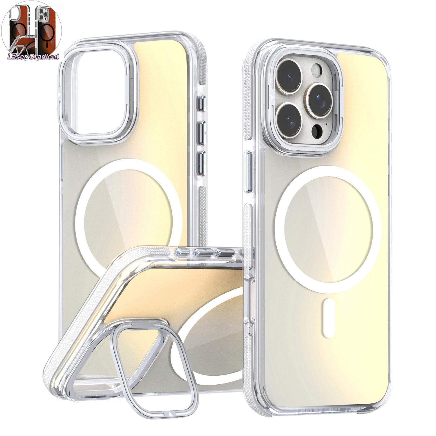 Laser Gradient Chameleon Strong Magnetic Camera Kickstand For Magsafe Wireless Charging Phone Case For iPhone 16 15 14 13 12 11 Pro Max Metal Frame TPU Acrylic Shockproof Hard Full Cover