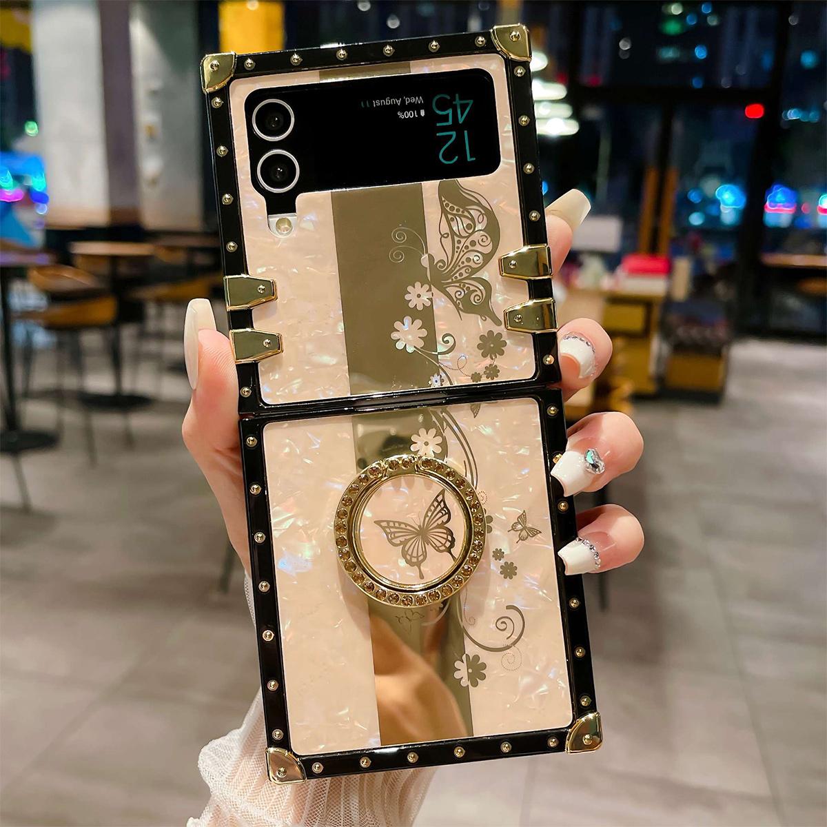 Luxury Glitter Mirror Butterfly Cover For Samsung Galaxy Z Flip 5 Fashion bracket Square Case For Samsung Galaxy Z Flip 4 Z Flip 3