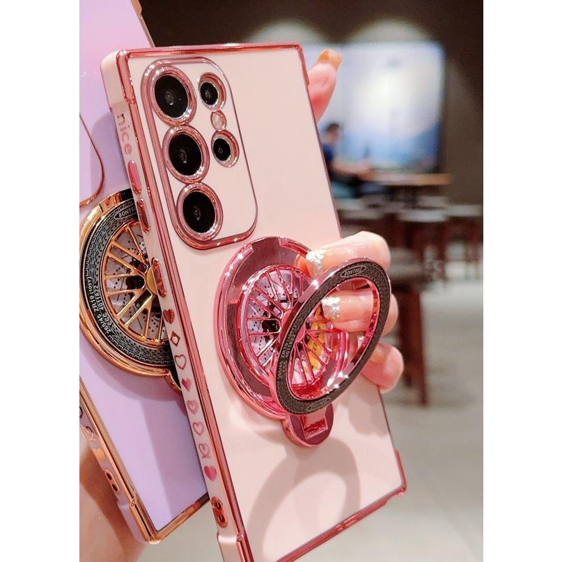 Plating Love Heart TPU Phone Case with Metal Rotating Magnetic Kickstand For Samsung S25Ultra S24 S23 S22 S21 Shockproof Support Wireless Charging Soft Full Cover